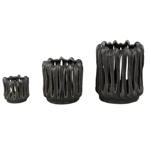 Windlicht Luci Zwart Keramiek Open ribbel Rond Set van 3 PTMD