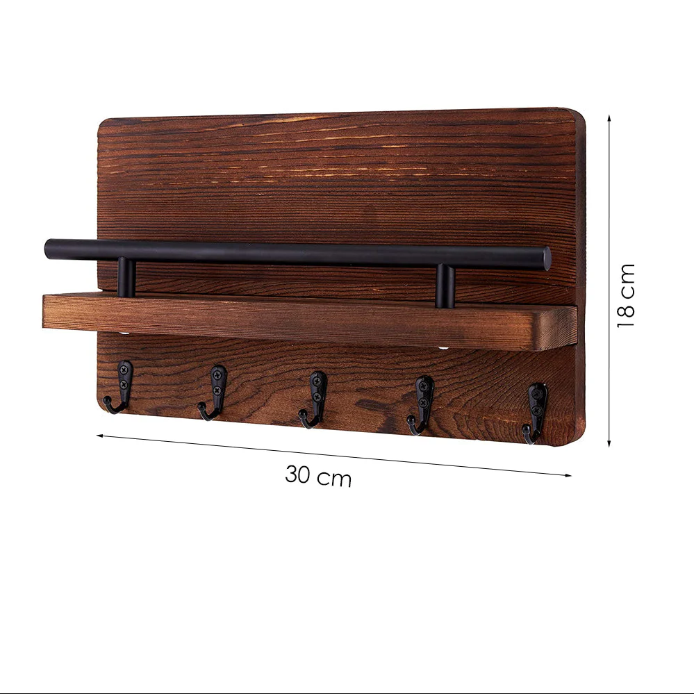 Sleutelrekje - Sleutelkastjes - Vijf sleutelhaken 30 x 18 cm - Beukenhout - Donker Bruin - Afbeelding 3