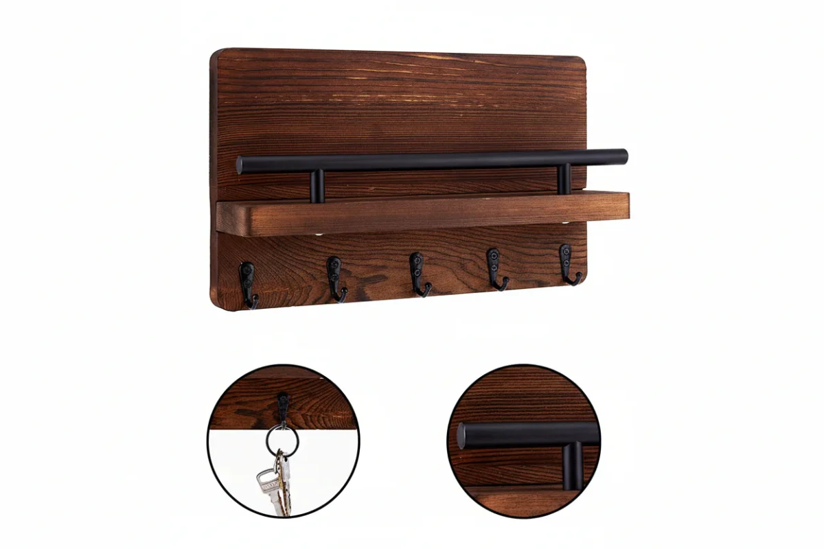 Sleutelrekje - Sleutelkastjes - Vijf sleutelhaken 30 x 18 cm - Beukenhout - Donker Bruin - Afbeelding 5