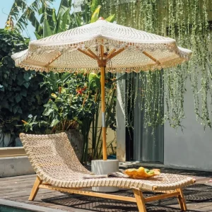 Handgeknoopte parasol rond - Flower - crème - 250 cm